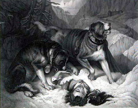 Sir Henry Edwin Landseer, Alpine Mastiffs Reanimating a Distressed Traveller (1820)